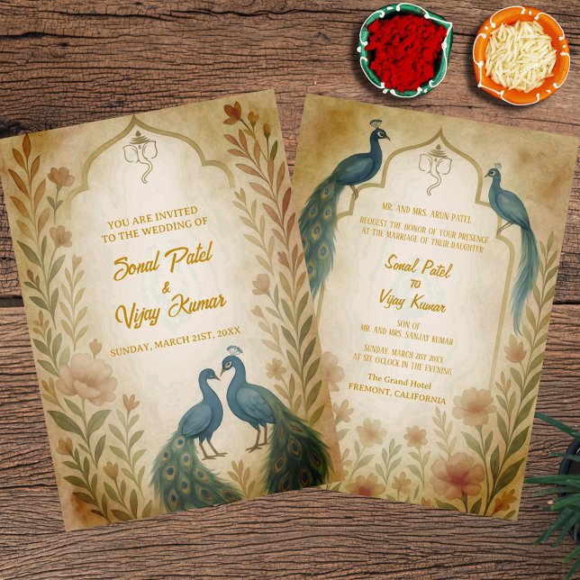 Peacock Floral Indian Hindu Wedding Watercolour Invitation (Creator Uploaded)