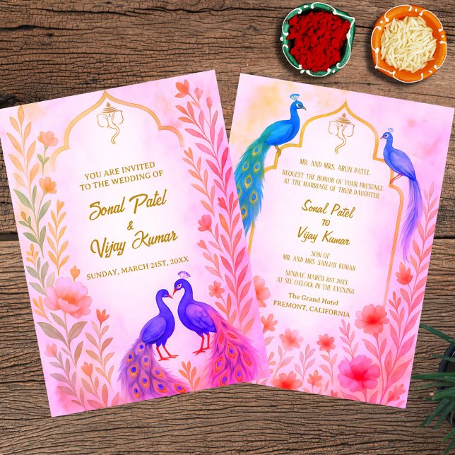 Peacock Floral Indian Hindu Wedding Watercolour Invitation (Creator Uploaded)