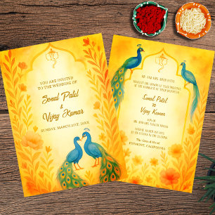 Peacock Floral Indian Hindu Wedding Watercolour Invitation