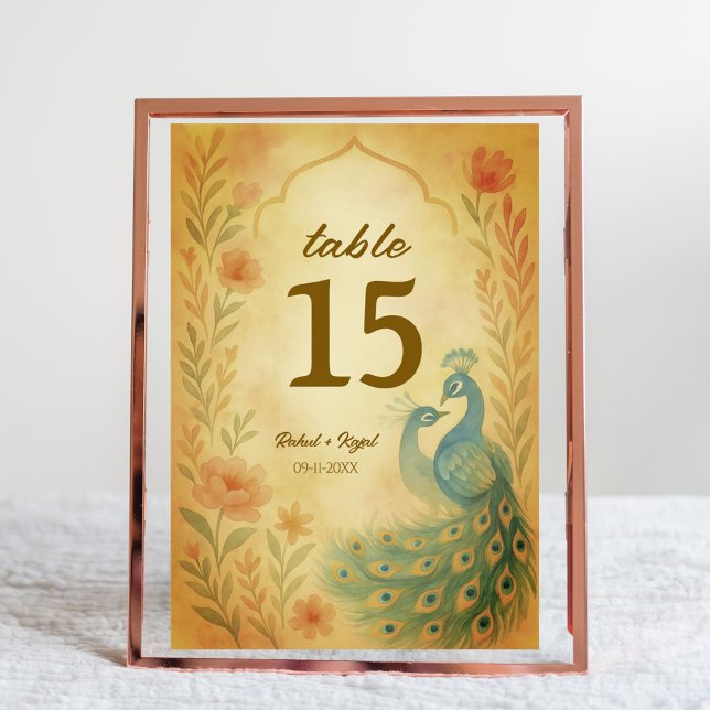 Peacock Floral Indian Wedding Table Number Card (Creator Uploaded)