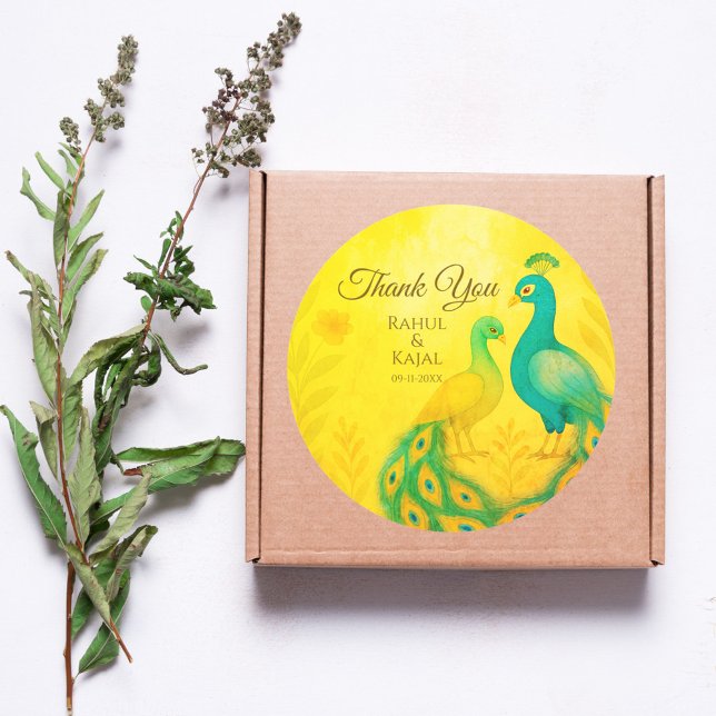 Peacock Floral Indian Wedding Thank You Classic Round Sticker (Creator Uploaded)