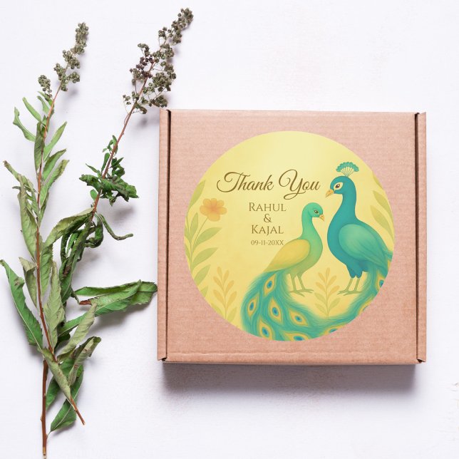 Peacock Floral Indian Wedding Thank You Classic Round Sticker (Creator Uploaded)