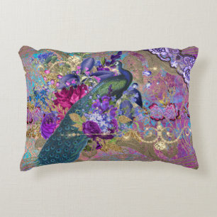 Peacock floral lace diamond elegant purple teal accent pillow