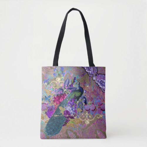 Peacock floral lace diamond elegant purple teal tote bag