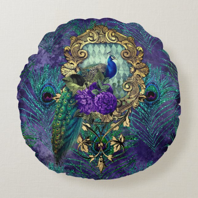 Peacock floral victorian feather elegant  round pillow (Front)