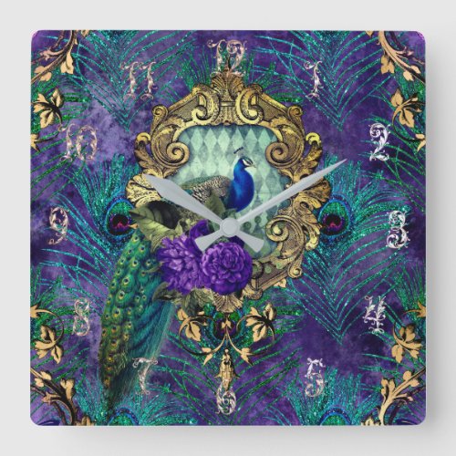 Peacock floral victorian feather elegant square wall clock
