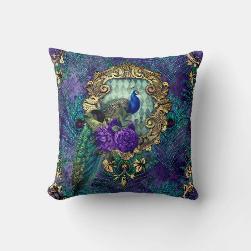 Peacock floral victorian feather elegant throw pillow