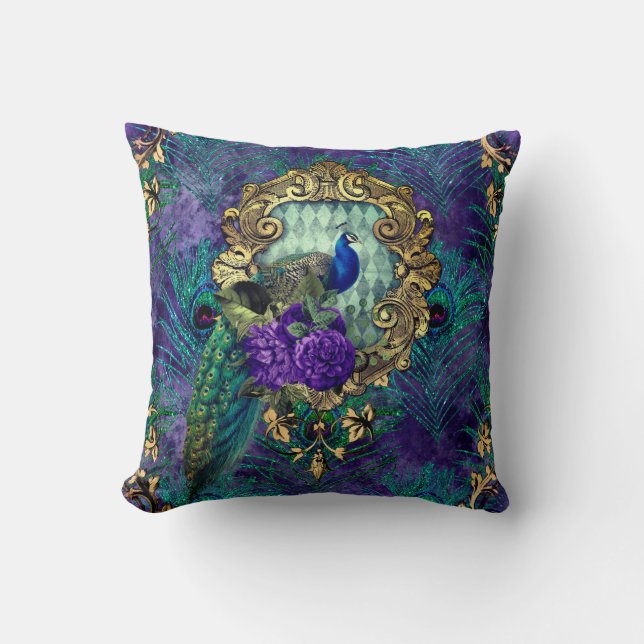 Peacock floral victorian feather elegant throw pillow (Front)