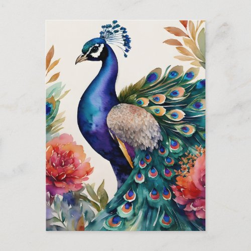 Peacock Floral Watercolor Art Postcard