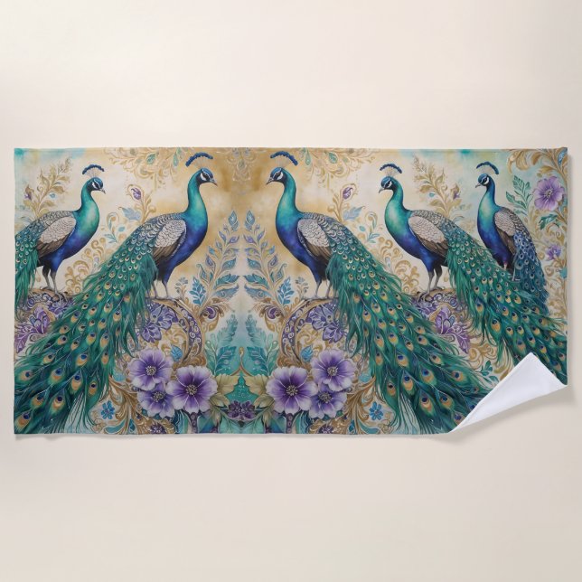 Peacock floral watercolor  beach towel (Front)