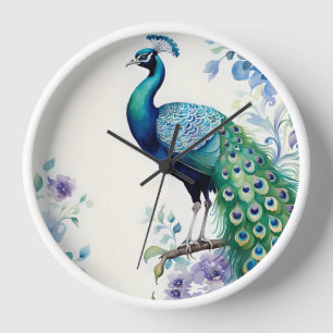 Peacock floral watercolor clock