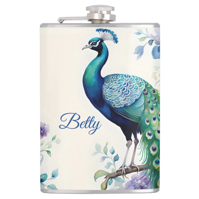 Peacock floral watercolor  flask (Front)