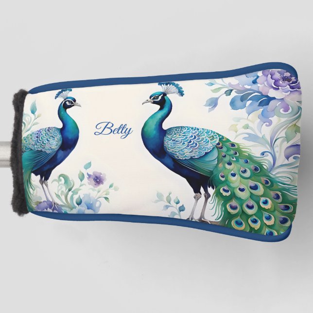Peacock floral watercolor  golf head cover (Front)