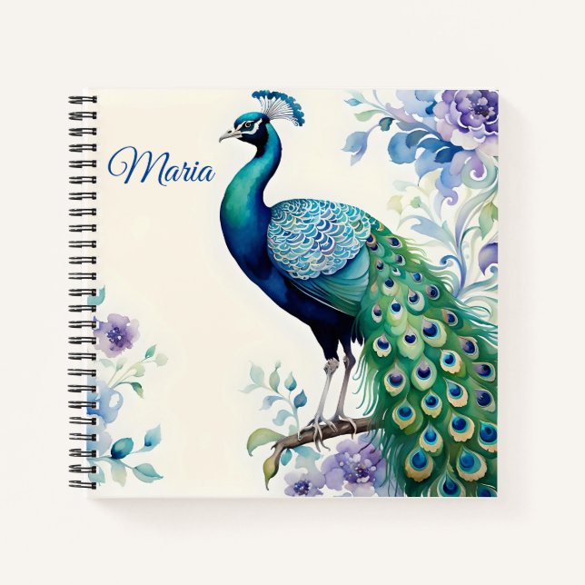 Peacock floral watercolor notebook (Front)
