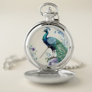 Peacock floral watercolor  pocket watch