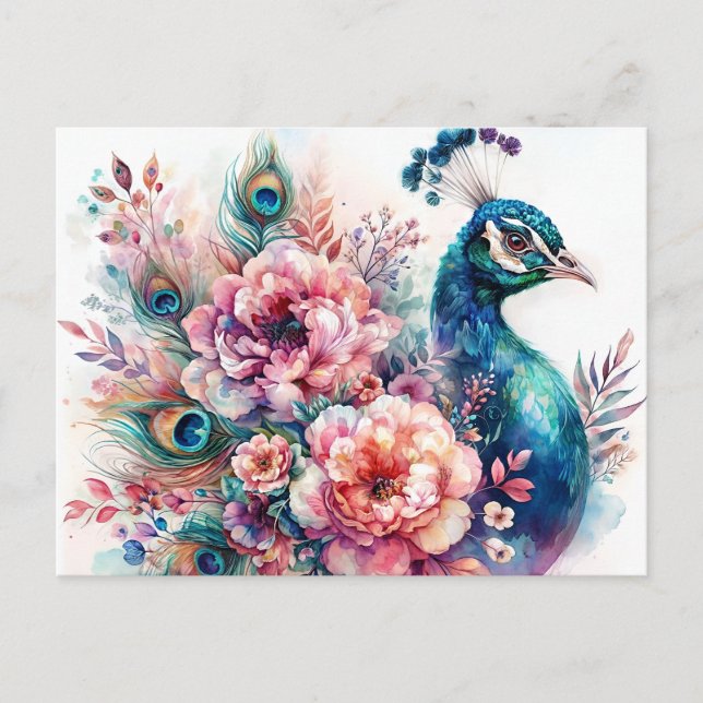 Peacock  Floral Watercolor Portrait Postcard (Front)