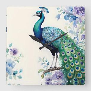 Peacock floral watercolor  square wall clock