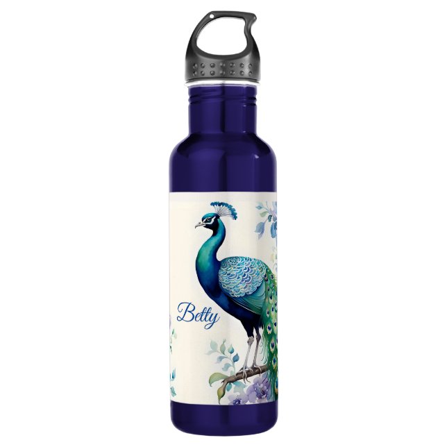 Peacock floral watercolor  stainless steel water bottle (Front)