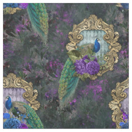 Peacock, Flowers, and Gold Frame Fabric