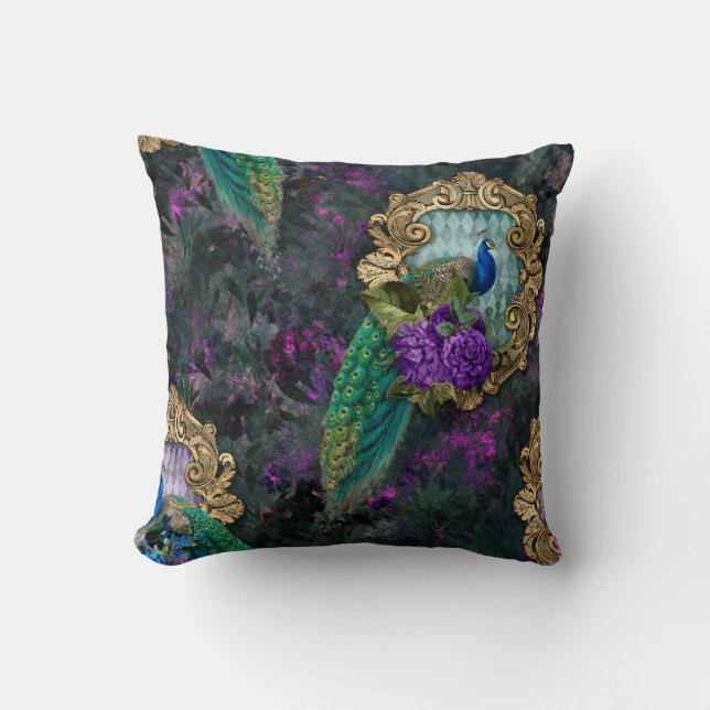 Peacock, Flowers, and Gold Frame Throw Pillow (Front)