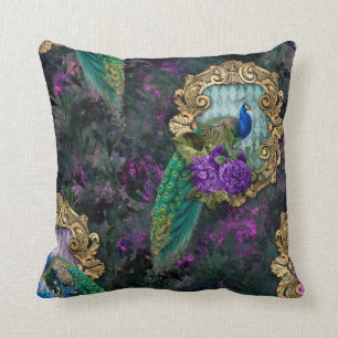 Peacock, Flowers, and Gold Frame Throw Pillow