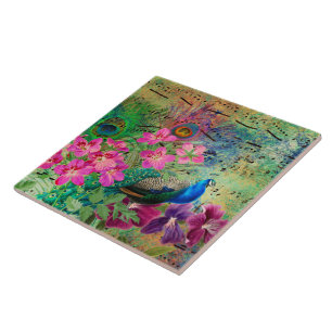 Peacock Flowers and Music Ceramic Tile