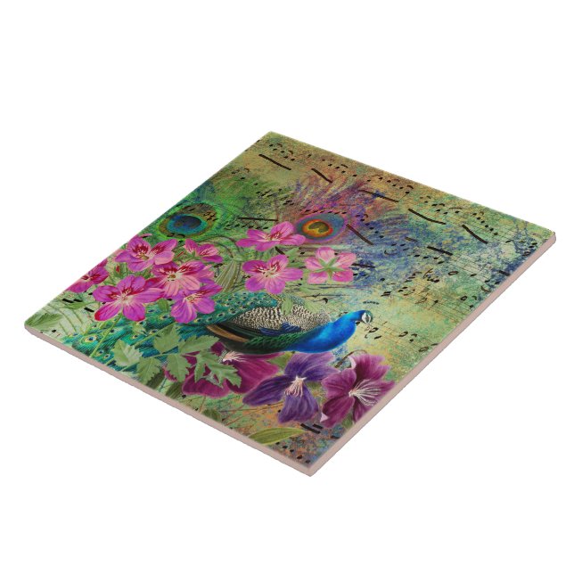 Peacock Flowers and Music Ceramic Tile (Side)
