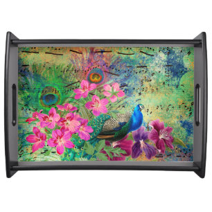 Peacock Flowers and Music Serving Tray