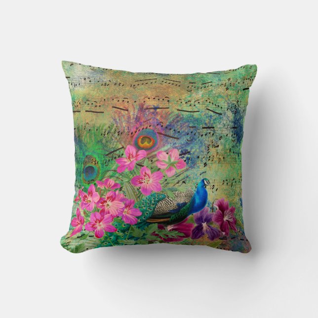 Peacock Flowers and Music Throw Pillow (Front)