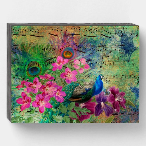 Peacock Flowers and Music Wooden Box Sign