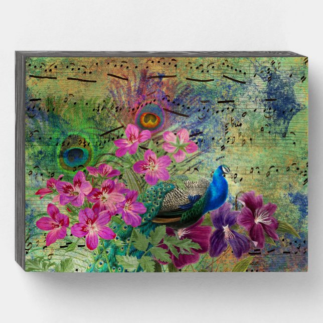 Peacock Flowers and Music Wooden Box Sign (Front Horizontal)
