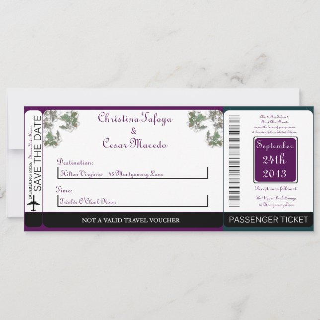 Peacock / Flowers Boarding Pass Wedding Invitation (Front)
