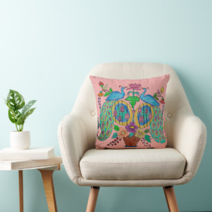 Peacock Folk Art Throw Pillow