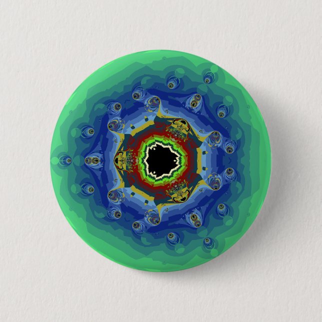 Peacock Fractal Mandala Blue Green Button (Front)