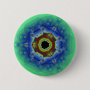 Peacock Fractal Mandala Blue Green Button