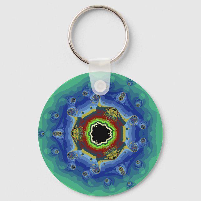 Peacock Fractal Mandala Blue Green Keychain (Front)