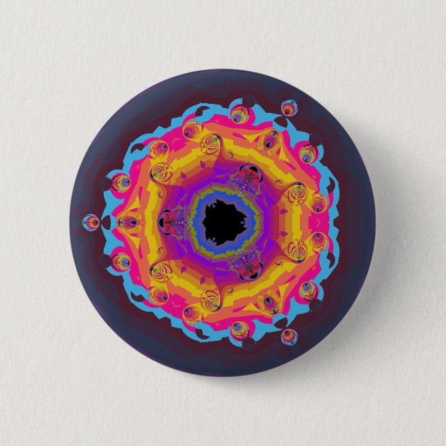 Peacock Fractal Mandala Yellow Pink Purple Button (Front)