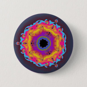 Peacock Fractal Mandala Yellow Pink Purple Button