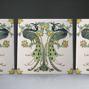 Peacock & Fruit Design by Mabel C. Dibble Art Deco Ceramic Tile