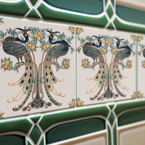 Peacock  Fruit Design by Mabel C Dibble Art Deco Ceramic Tile