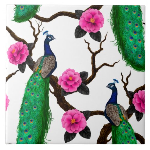 Peacock garden ceramic tile