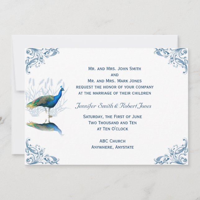 Peacock Garden in Blue White Wedding Invitation (Front)