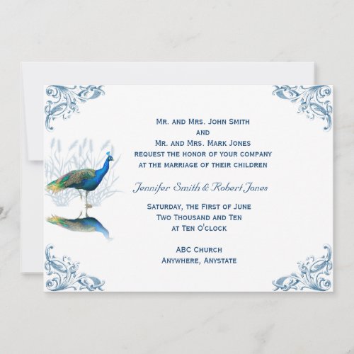 Peacock Garden in Blue White Wedding Invitation