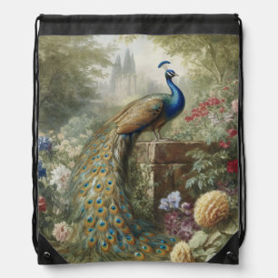 Peacock Garden Manor Watercolor Escape Drawstring Bag