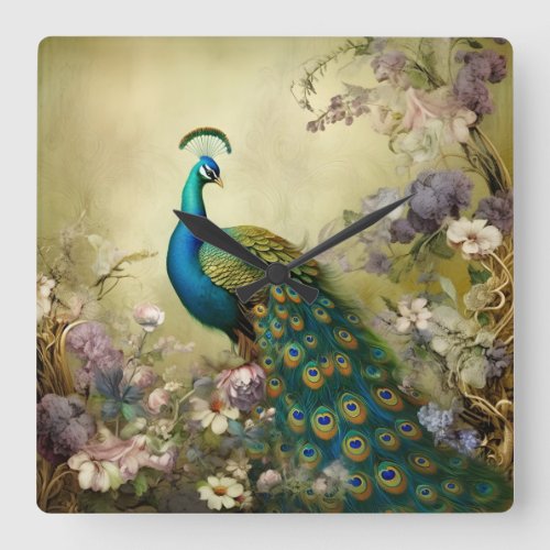 Peacock Garden Square Wall Clock