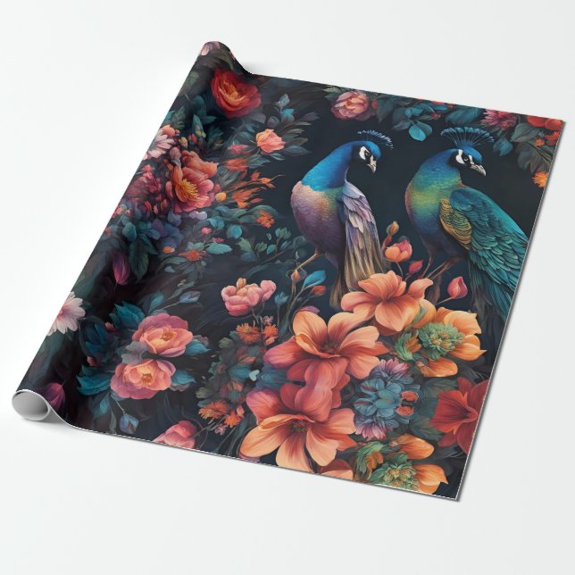 Peacock Garden Wallpaper Art Wrapping Paper (Unrolled)
