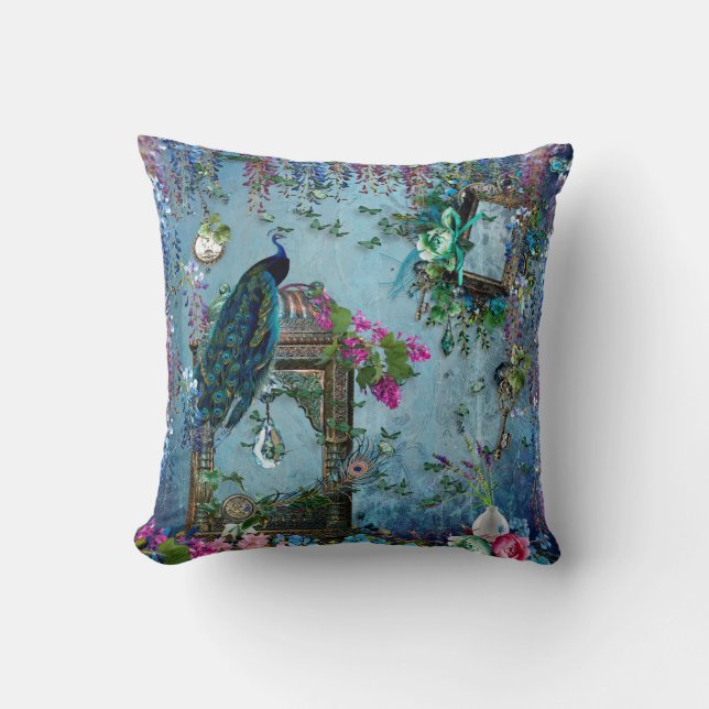 Peacock Garden wisteria blue lavender pink Throw Pillow (Front)