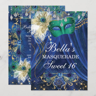 Peacock Glam Masquerade Birthday Party Invitations