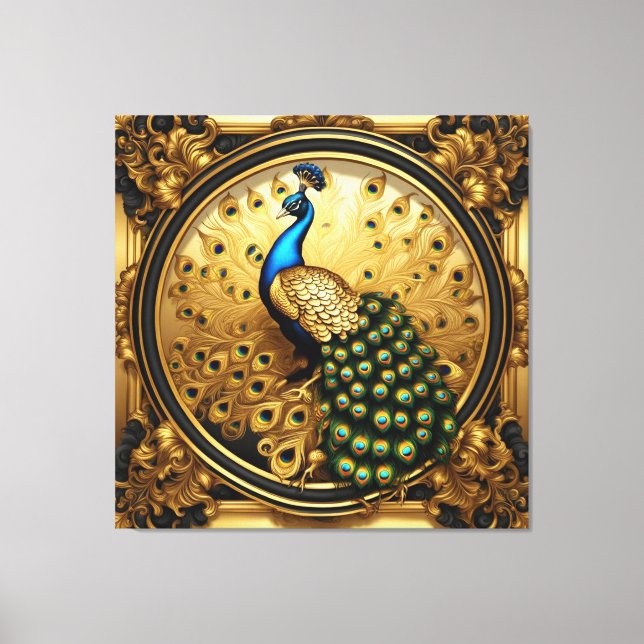 Peacock gold and black ornamental frame canvas print (Front)
