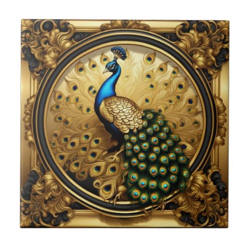 Peacock gold and black ornamental frame ceramic tile